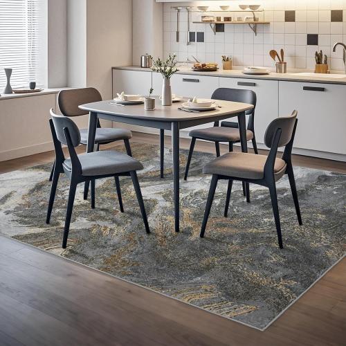 Modern Washable Rug for Living Room: Abstract Area Rugs for Bedroom Low Pile Non Slip - Stain Resistant Carpet for Dining Room Indoor - Grey Gold