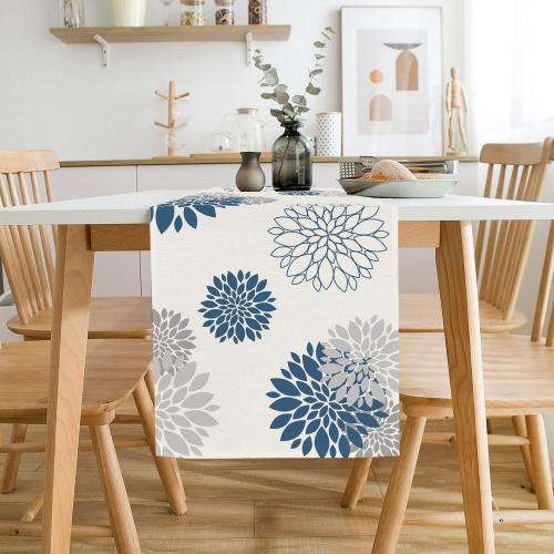 Blue Gray Table Runner Dahlia Pinnata Flower Beige Table Runners Modern Elegant (13 x 36 Inch)