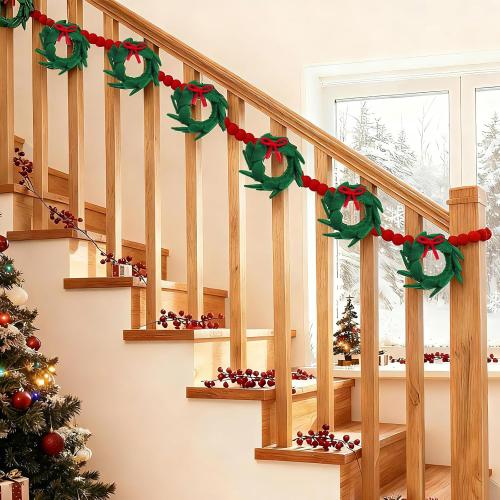 Peryiter 6.6 ft Wool Felt Christmas Garland with Wool Green Wreath Red Pompom Ball Garland Red Green Xmas Hanging Felt Banner for Christmas Holiday Fireplace Mantel Door Table Furnace Home Decoration