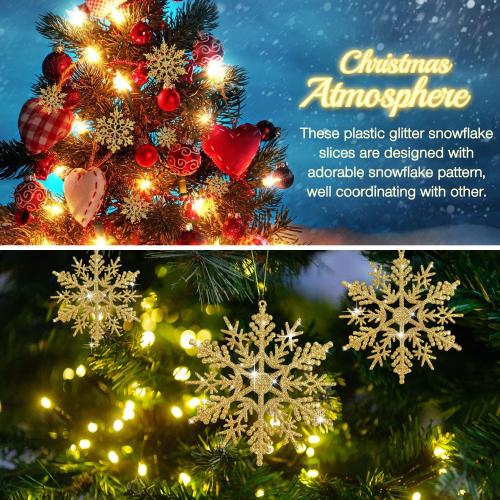 46 Pcs Gold Glitter Snowflake Ornaments Various Size Plastic Winter Snowflakes Ornaments Christmas Tree Decorations with Gold Rope for Winter Wonderland Christmas Tree Window Door Accessories
