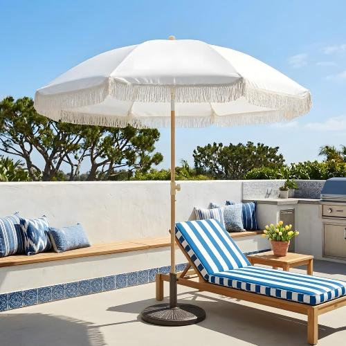 7FT Boho Patio Umberlla with Fringe,UPF50  Outdoor Umbrella with Fiberglass Ribs and Push Button Tilt,Tassels Umbrella for Beach,Terrace,Picnic