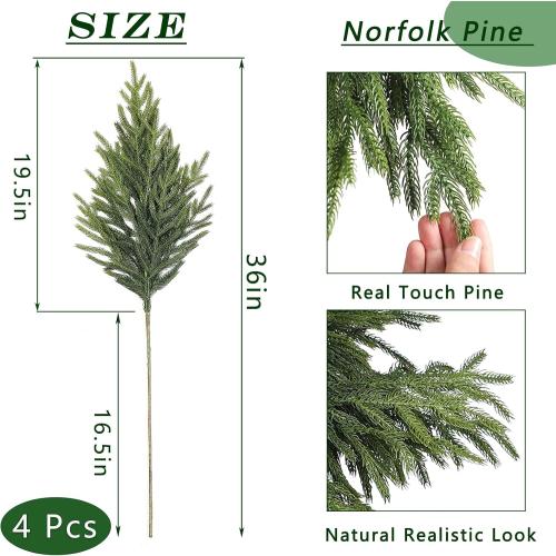 Real Touch Norfolk Pine Branch - 36 Artificial Christmas Green Plants Branches Faux Greenery Stem Fake Pine Picks for DIY Crafts Garland Wreath Xmas Indoor Outdoor Home Decor (4 Pcs)