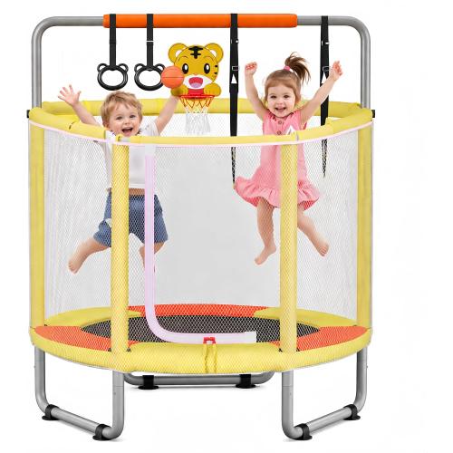 55 Trampoline for Kids with Enclosure, 4-in-1 Toddler Trampoline Indoor Outdoor, 440lbs Capacity Upgrade Trampolines with Adjustable Gymnastics Bar & Toys, for Boys & Girls, Easy to Assemble