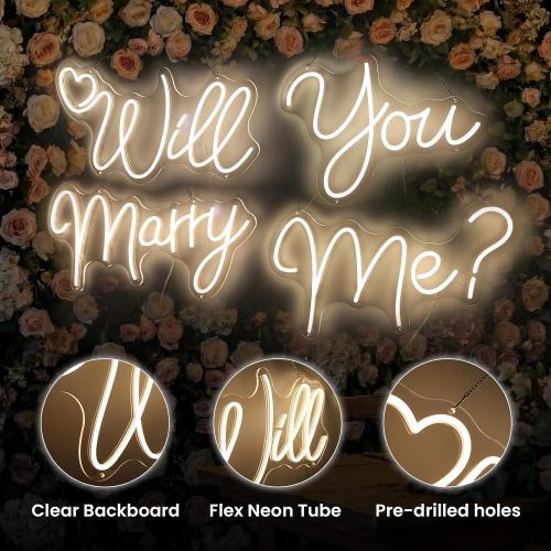 Will You Marry Me Neon Sign, Large 4-Piece LED Neon Light, 85.5 x 11.6 in | Wedding decorations - warm white light up sign - engagement proposal backdrop and wall decor - dimmable 4-piece split design