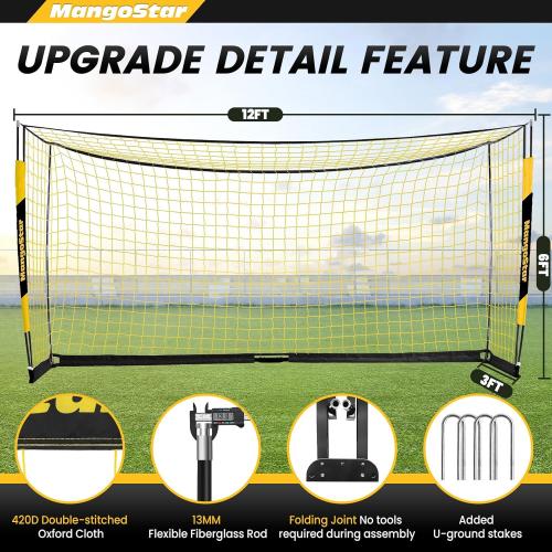 MangoStar Soccer Goal, 12X6 FT Soccer Goal for Backyard Portable Net Collapsible Metal Base, Quick Set Up Soccer Net for Indoor Outdoor Practice Training with Carry Bag
