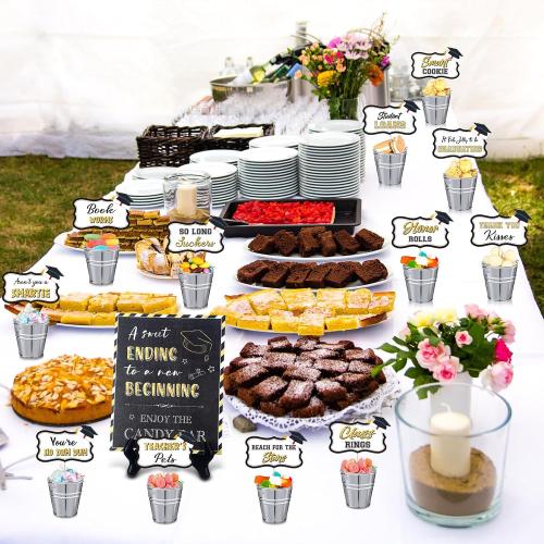 12 Silver Buckets Nuogo Graduation Candy Buffet Set Include 12 Mini Metal Bucket with Handles 1 Candy Buffet Table Sign with 1 Stand Grad Candy Bar Party Dessert Food Decoration