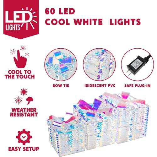 JOIEDOMI Christmas Lighted Gift Boxes, Light Up Christmas Decorations Set of 3 Iridescent Present Boxes, Xmas Boxe Light with LED Cool White for Indoor Porch Patio Holiday Xmas Eve Night Décor