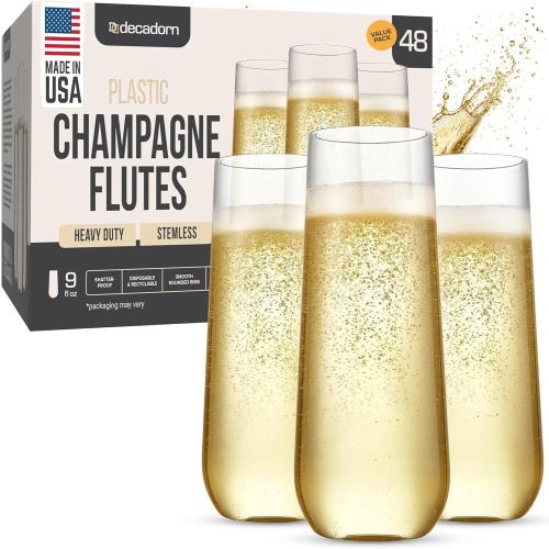 DECADORN Clear Stemless Champagne Flutes Plastic 48 Pack - 9oz Plastic Champagne Glasses - Durable and Sturdy Mimosa Glasses For Parties - Shatterproof, Recyclable, BPA-Free, Smooth Rims.