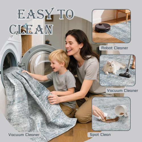 9x12 Washable Rug for Living Room - Abstract Large Rugs for Bedroom, Indoor Non-Slip Soft Carpet,Blue Gray