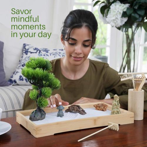 ENSO - Japanese Zen Garden for Desk - Extra Large 16 x 8 Desktop Mini Zen Garden with White Sand, Artificial Bonsai Tree, Rocks, Rakes & Accessories - Zen Gifts Sand Garden Kit for Office Decor