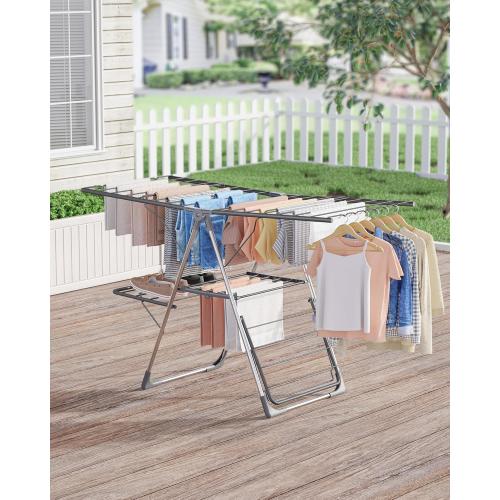 Sakugi Clothes Drying Rack, Foldable 2-Level Laundry Drying Rack with Height-Adjustable Wings, for Clothing & Bedding, Free-Standing Space-Saving Rack, Indoor & Outdoor, 55.5 L × 22.8 W, Gray