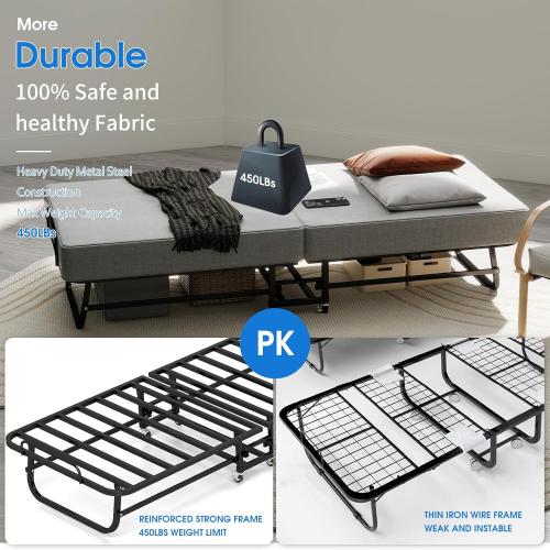 Folding Bed with Mattress, Portable Foldable Bed for Adults, Roll Away Guest on Wheels, Memory Foam Mattress and Metal Frame, Space Saving Fold Up for Easy Storage, 75 x 31