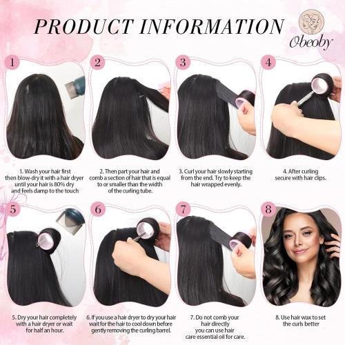 4 Sizes Self-Grip Hair Rollers Set for Long, Short Hair and Bangs - 50 Pcs with Clips (25mm, 36mm, 48mm, 60mm), Pink