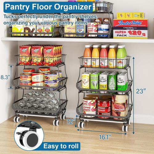 OKZEST 3-Tier Rolling Pantry Floor Organizers and Storage Cart with Wheels
