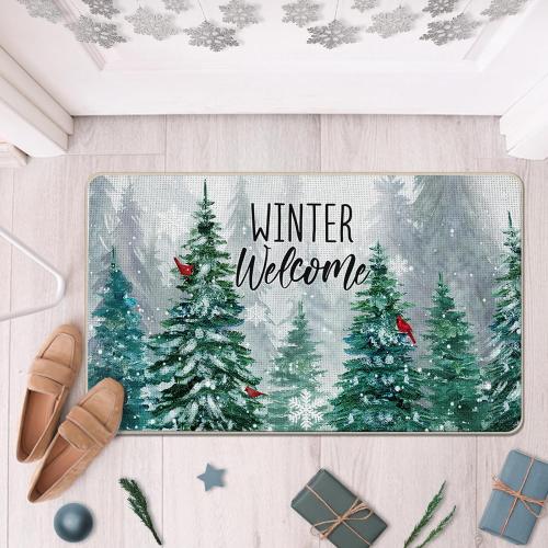 Winter Welcome Decorative Front Door Mat, Farmhouse Pine Tree Cardinal Red Bird Doormat Indoor Outdoor Non-Slip Floor Entryway Rug, Snowflake Forest Christmas Home Kitchen Decoration 17x29