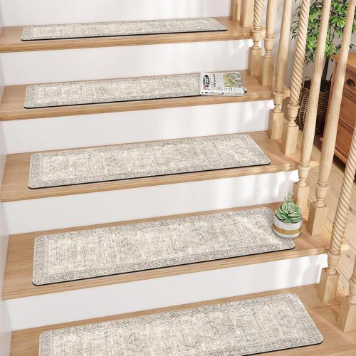 Tiveney Stair Treads Non Slip 15PCS 8x30 Stair Runner, Rubber Backing Carpet Stair Treads for Wooden Steps, Washable Safety Carpet for Stairs Khaki Indoor Staircase Step Treads for Kids Elder Dogs
