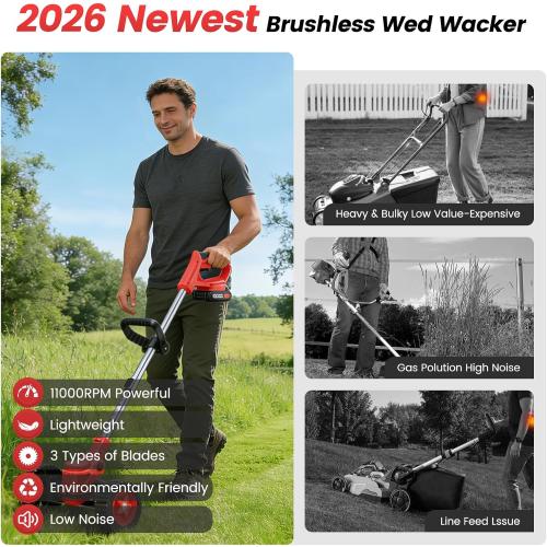 ALSO GO 24V Electric Weed Wacker, Cordless Grass Trimmer, 3 in 1 Weed Trimmer with 2pcs Batteries & Charger, Battery Powered Weed Eater/Brush Cutter/Edger with Wheels for Garden and Yard Lawn