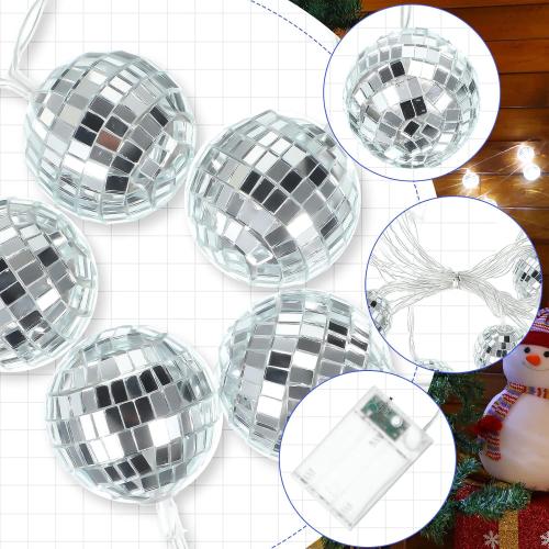 White Silver Cunno 40 LED Disco Ball String Lights 70s Decorations 9.8 ft Mirror Disco Light Battery Operated Ball Globe Ornaments for Christmas Wall Tree Indoor Outdoor Party Supply(White Silver)