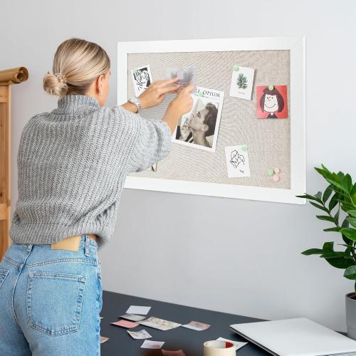 Board2by White Cork Board Bulletin Board with Linen, Wood Framed 30 x 20 Corkboard, Office Board for Wall Decor, Wall Mounted Pin Board Picture Board with 20 Pushpins for School, Home & Office