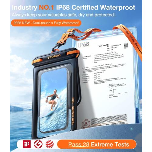 7 Black TORRAS IP68 Waterproof Phone Pouch Double Space, Floating Waterproof Phone Case with Lanyard for iPhone 16 Pro Max 15 14 13 S25 S24, Phone Dry Bag Vacation Cruise Ship Travel Essentials 7.0'', Black
