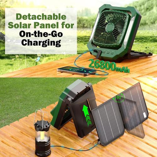 26800mAh Solar Battery Camping Fan, 3 Speeds Portable Fan with 18W Detachable Solar Panel, Rechargeable Desk Fan with LED Light & Timing Function, Outdoor Hurricane Tent Power Bank for Home Office