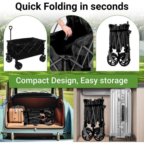 Black 400L Heavy Duty Folding Wagon Cart-450LBS Capacity All-Terrain Beach Cart with Big Wheels & Drink Holders-Push/Pull Utility Cart for Groceries, Camping, Sports, Shopping (Black)