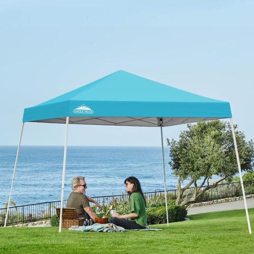 EAGLE PEAK 10x10 Slant Leg Pop-up Canopy Tent Easy One Person Setup Instant Outdoor Beach Canopy Folding Portable Sports Shelter 10x10 Base 8x8 Top (Light Blue)