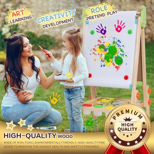 Kids Easel Including 100  Accessories, Rundad Double Sided Wooden Easel for Kids Age 3-8 with Magnetic Chalkboard & Painting Board, Free Height Adjustable Art Easel Supplies for Toddlers