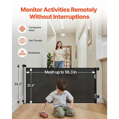 VEVOR Retractable Baby Gate, Easy to Use, Walk Through Without Tripping, Mesh Dog Gate for Stairs, Hallways, Indoor/Outdoor, Black  (NO TEST)