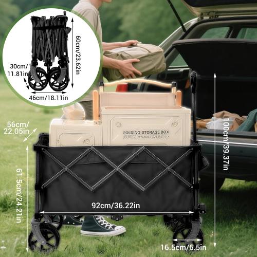 Black 400L Heavy Duty Folding Wagon Cart-450LBS Capacity All-Terrain Beach Cart with Big Wheels & Drink Holders-Push/Pull Utility Cart for Groceries, Camping, Sports, Shopping (Black)