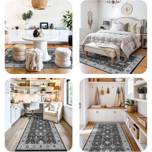 Washable 4x12 Hallway Runner Rug: Vintage Soft Carpet for Living Room Bedroom Stain Resistant Area Rug with Non-Slip Backing for Entryway Kitchen Thin Floor Mat for Bathroom Dining Room(Black,4x12)