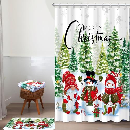 Tiamon 7 Pcs Winter Snowman Shower Curtain Set Merry Christmas Bathroom Sets with 71x72in Snowman Shower Curtain Gnome Non-slip Bath Rug Toilet Mat Toilet Lid Cover 3 Towels for Holiday Bathroom Decor