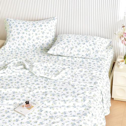 MISSING SHEETS FITTED AND TOP Wake In Cloud - Floral Bed Sheets, 4-Piece Sheet Set, Shabby Chic Flower Rose Pattern Printed Coquette Cottagecore Vintage Aesthetic Bedding, Deep Pocket, White Blue, Full Size