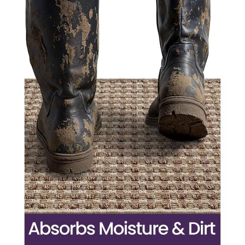 DEXI Dirt Trapper Door Mat, 31x48 Washable Doormat, Dirt Resistant and Absorbent, Easy Clean Low-Profile Floor Rugs for Entryway, Front Door, and Inside Entrance, Checkered Beige