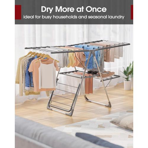 Sakugi Clothes Drying Rack, Foldable 2-Level Laundry Drying Rack with Height-Adjustable Wings, for Clothing & Bedding, Free-Standing Space-Saving Rack, Indoor & Outdoor, 55.5 L × 22.8 W, Gray