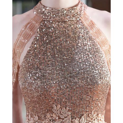 Size M Women Elegant Sequins Cocktail Dress Prom Ball Evening Gowns for Women Halter Wedding Dress Beaded Sleeve Mesh A Line Dresses