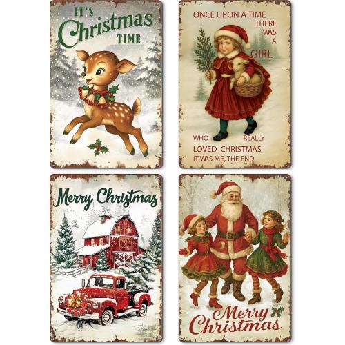 4 Pcs Vintage Christmas Wall Sign Metal Red Truck Little Girl Plaque Sign Decorations Santa Claus Elk Wall Art for Home Coffee Shop Retro Christmas Decor, 8 x 12 Inch