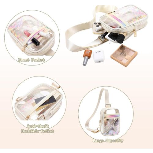 Clear Crossbody Bags for Women Girls Stadium Approved Sling Pack Bag Shoulder Belt Purses Kids Transparent Chest Backpack Daypack Small Waist for Sports,Beach,Events,Concerts,Beige