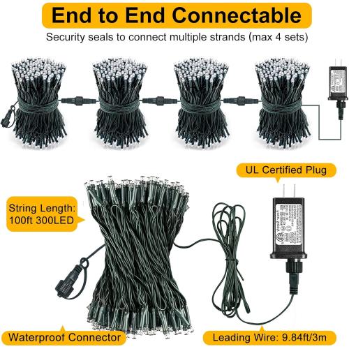 100FT 300 LED Christmas Lights Outdoor, Warm White Christmas Tree Lights with 8 Modes Waterproof, Connectable Green Wire String Lights Indoor for Patio Garden Xmas Party Decorations