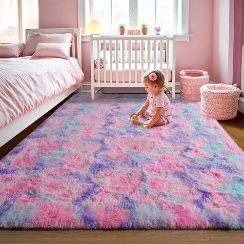 LOCHAS Luxury Fluffy Rainbow Area Rug for Girls Bedroom 4x6, Soft Fuzzy Kids Rugs for Bedroom Boys Playroom, Cute Colorful Tie Dye Princess Carpet for Nursery Living Room Home Decor, Pink/Purple