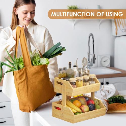 2-Tier Bamboo Fruit Basket, Fruit Basket for Kitchen Fruit Holder, Fruteros Para Cocina, Fruit Bowl for Onion Potato Bread Snack and Kitchen Countertop Organizer