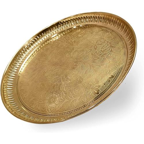 Craftsman 10 Inch Pure Brass Floral Design Pooja Aarti Thali Plate for Mandir, Temple, Indian Festival, Diwali, Aarti Platter for Prayer, Wedding Gift