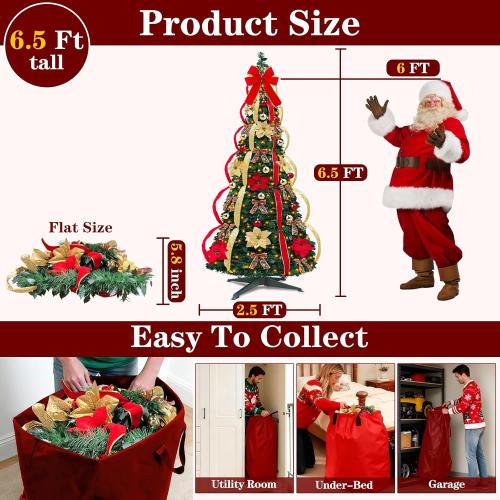 6.5 Ft Pop up Christmas Tree,Prelit 200 Warm White LED Lights,Opens Instantly,Fully Decorated,8 Lighting Modes & Timer,Fire-Resistant,Foldable,Collapsible Xmas Tree Outdoor Indoor Holiday Party Decor