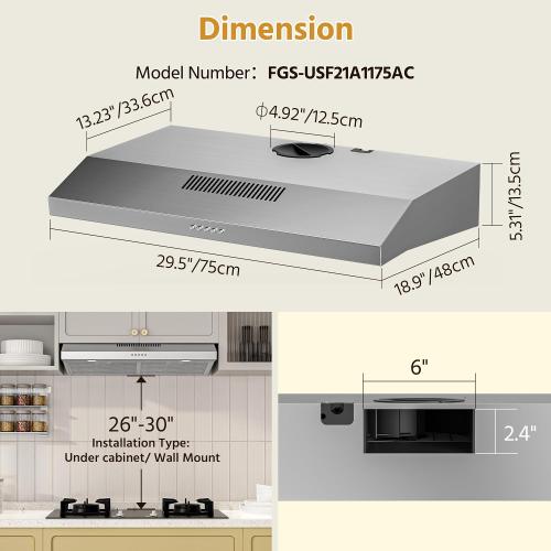 FIREGAS 30 Inch Under Cabinet Range Hood with Quiet Brushless Motor, 300CFM Ducted/Ductless Convertible Vent Hood, 3 Speed Exhaust Fan, LED Light & Reusable Filter, Stainless Steel Kitchen Stove Hood