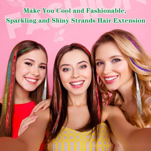 FEBSNOW 47 Inches Rainbow Tinsel Hair Extension with Tool 2400 Strands 12 Mixed Colors Hair Extension Tinsel Kit Glitter Rainbow Hair Extensions for Gay Pride Month Activities Accessories