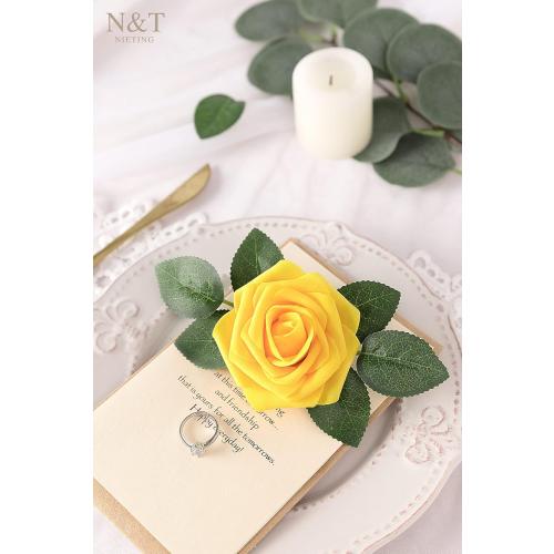 N&T NIETING Artificial Flowers, 25Pcs Fake Flowers Fall Roses Perfect for DIY Wedding Bouquets Centerpieces Bridal Shower Party Home Flower Arrangement Decorations, Gold