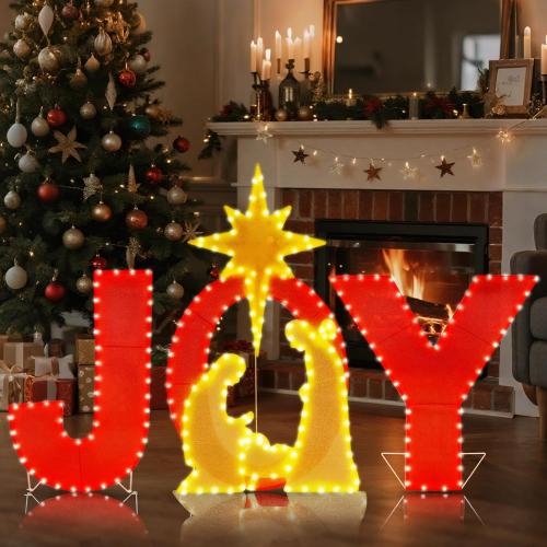 Prsildan 3.3FT x 2FT Christmas Decorations Outdoor- Lighted Joy Yard Sign, Outdoor Nativity Scene Set with 250 LEDs, Outside Christmas Decor for Porch, Lawn