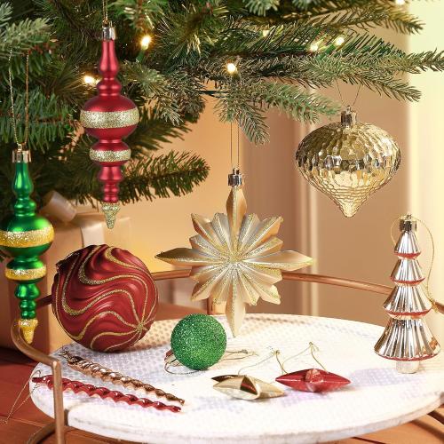 SHareconn 80pcs Christmas Balls Ornaments Set, Contemporary Luxury Gift Set, Shatterproof Plastic Decor for Xmas Tree Holiday Wedding Party Decorations with Hanging Strings, Red Green and Gold