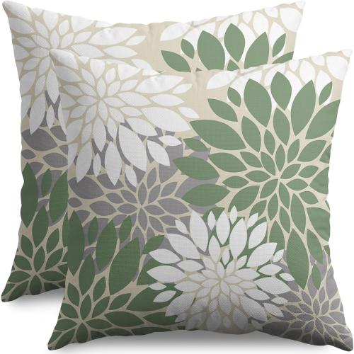 Sage Green White Grey Gray Pillow Covers 18X18 Inch Set of 2, Spring Modern Geometry Dahlia Floral Print Decorative Throw Pillow Covers Outdoor Farmhouse Cushion Case for Couch Sofa Bed Decor
