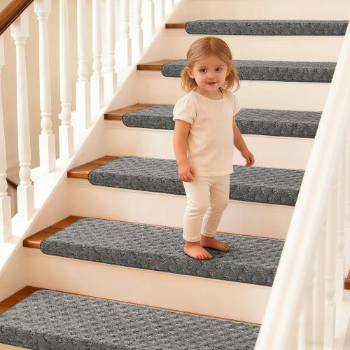 DEXDE Bullnose Carpet Stair Treads Non Slip for Wooden Steps Indoor, 30 x 9.5 x 1.7 (14 Pack) Grey - Peel and Stick Stair Runner Rugs with Edge Protection, Washable & Reusable Pet Friendly Mats